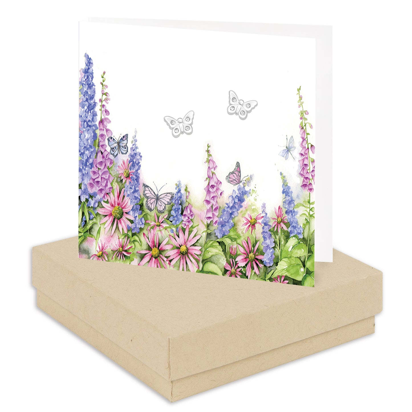 Tarjeta de pendiente de pradera y mariposas en caja