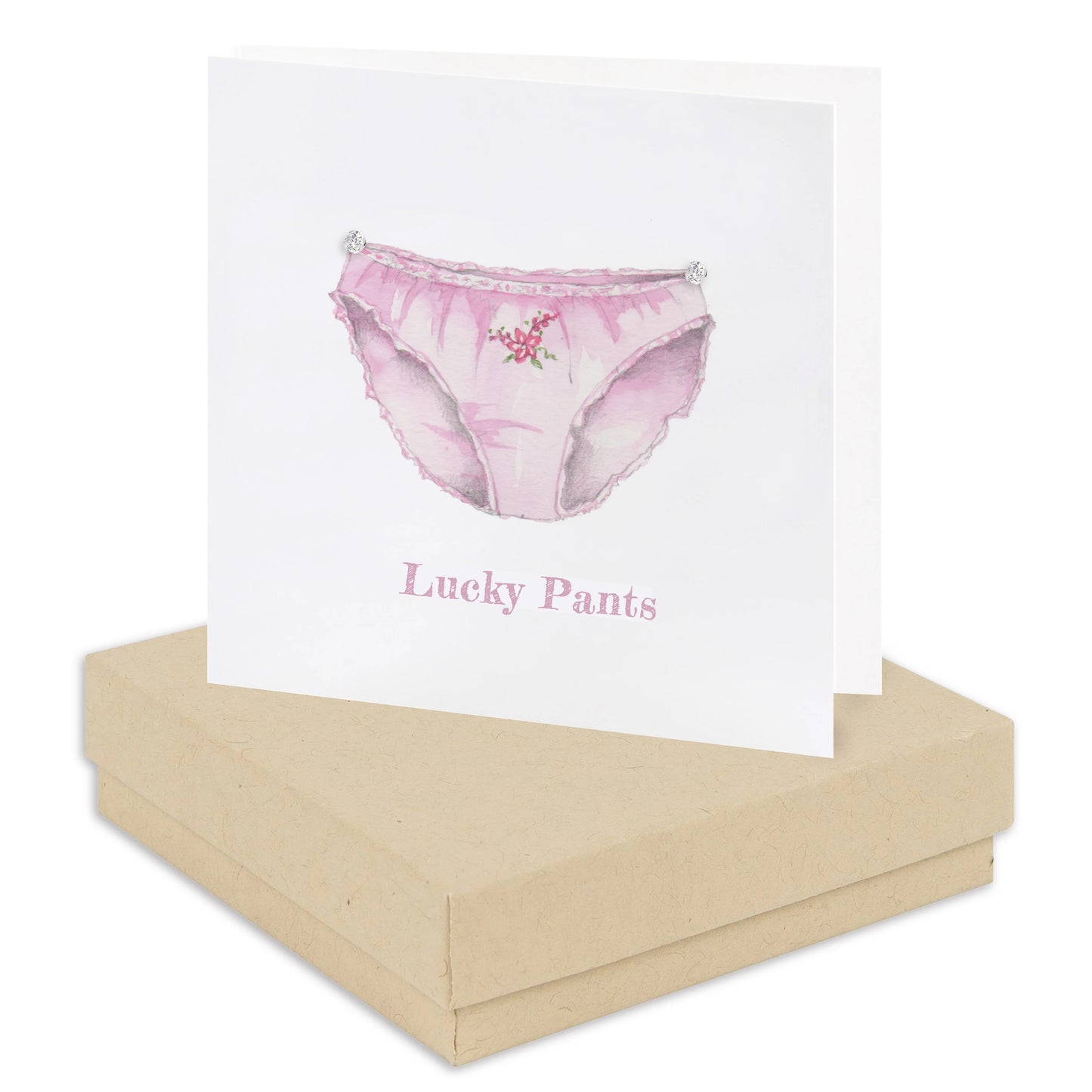 Handcrafted greeting card with watercolor pink underwear illustration and 'Lucky Pants' text, on gift box