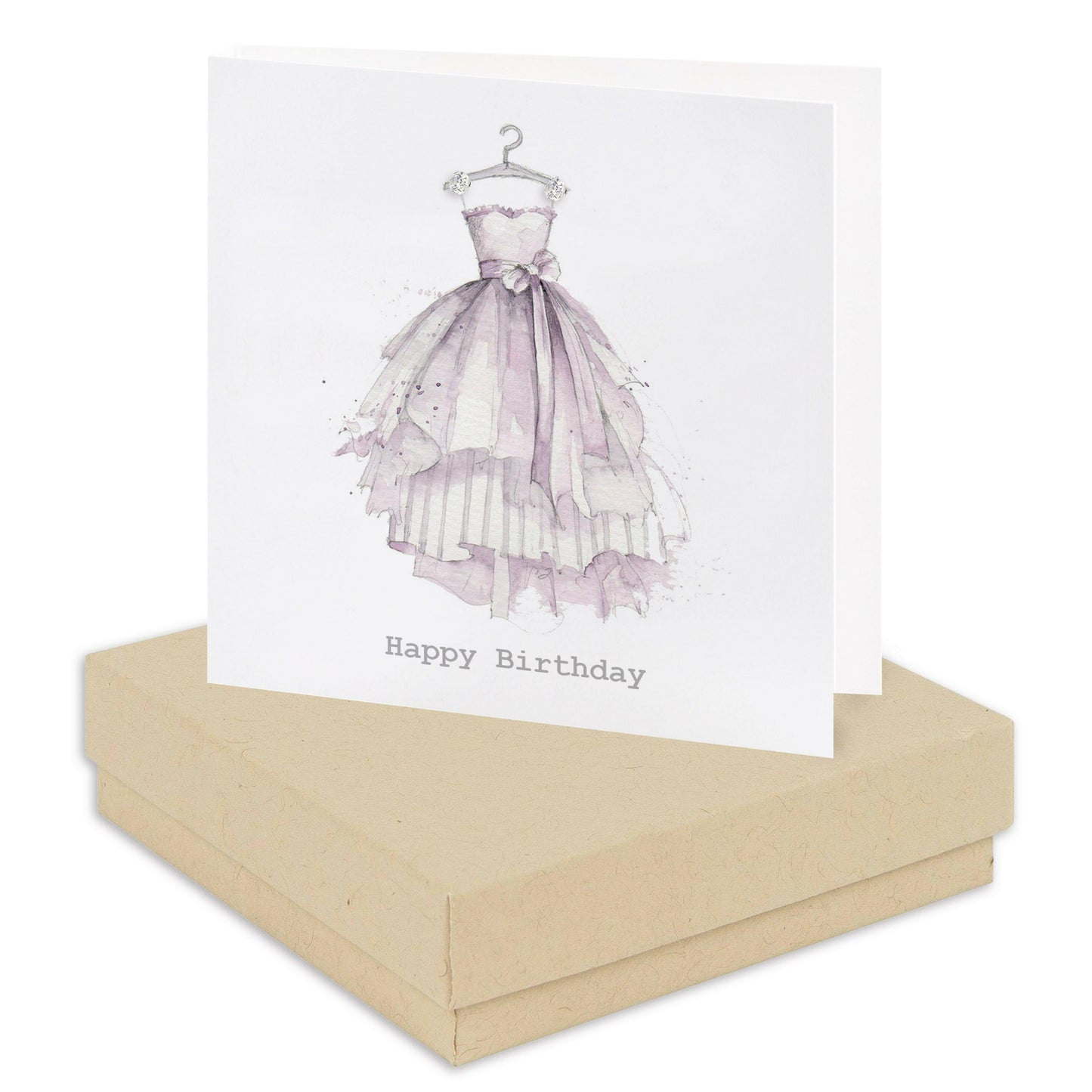 Handcrafted happy birthday card with illustrated lilac dress, displayed on a gift box.