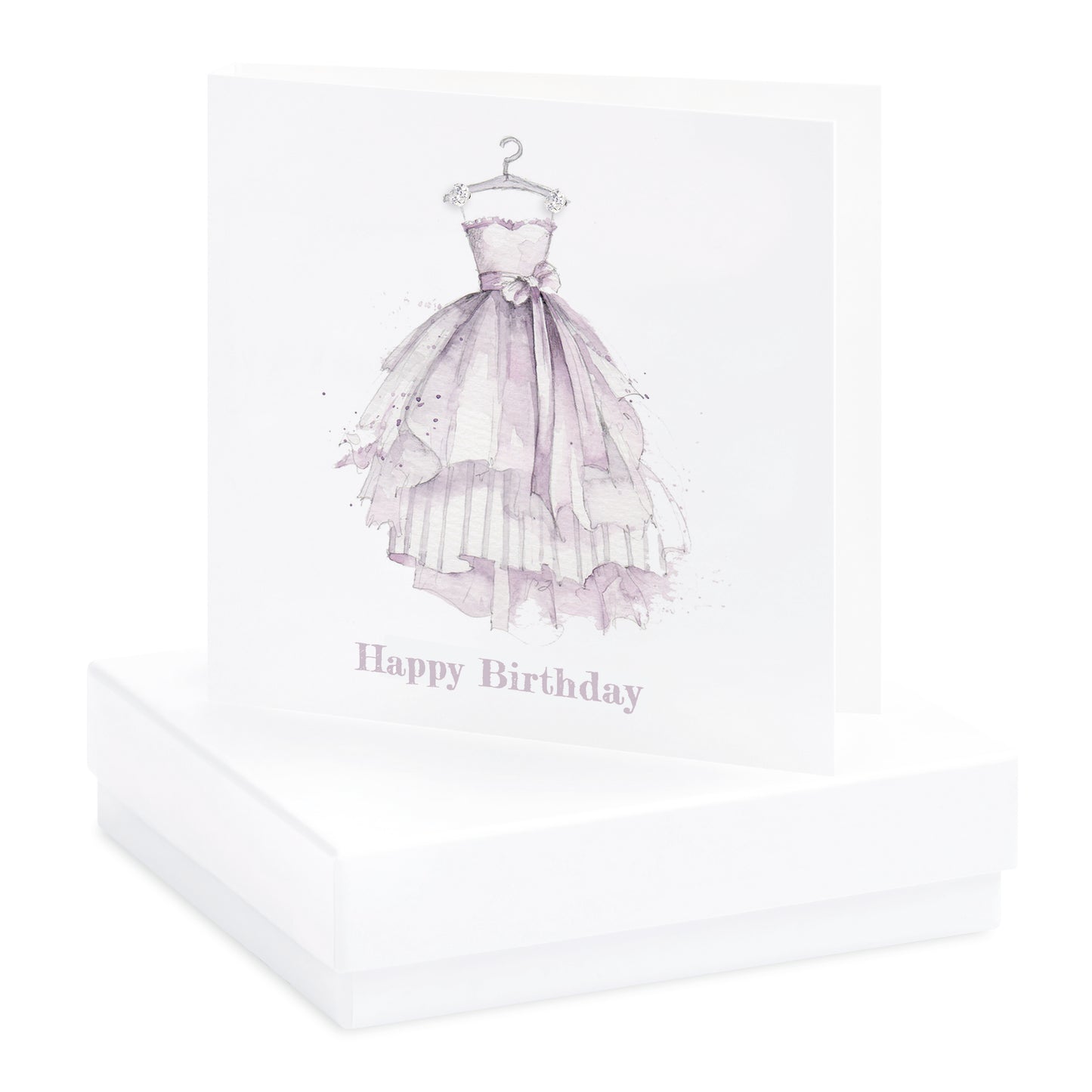 Tarjeta con aretes y vestido de feliz cumpleaños en caja