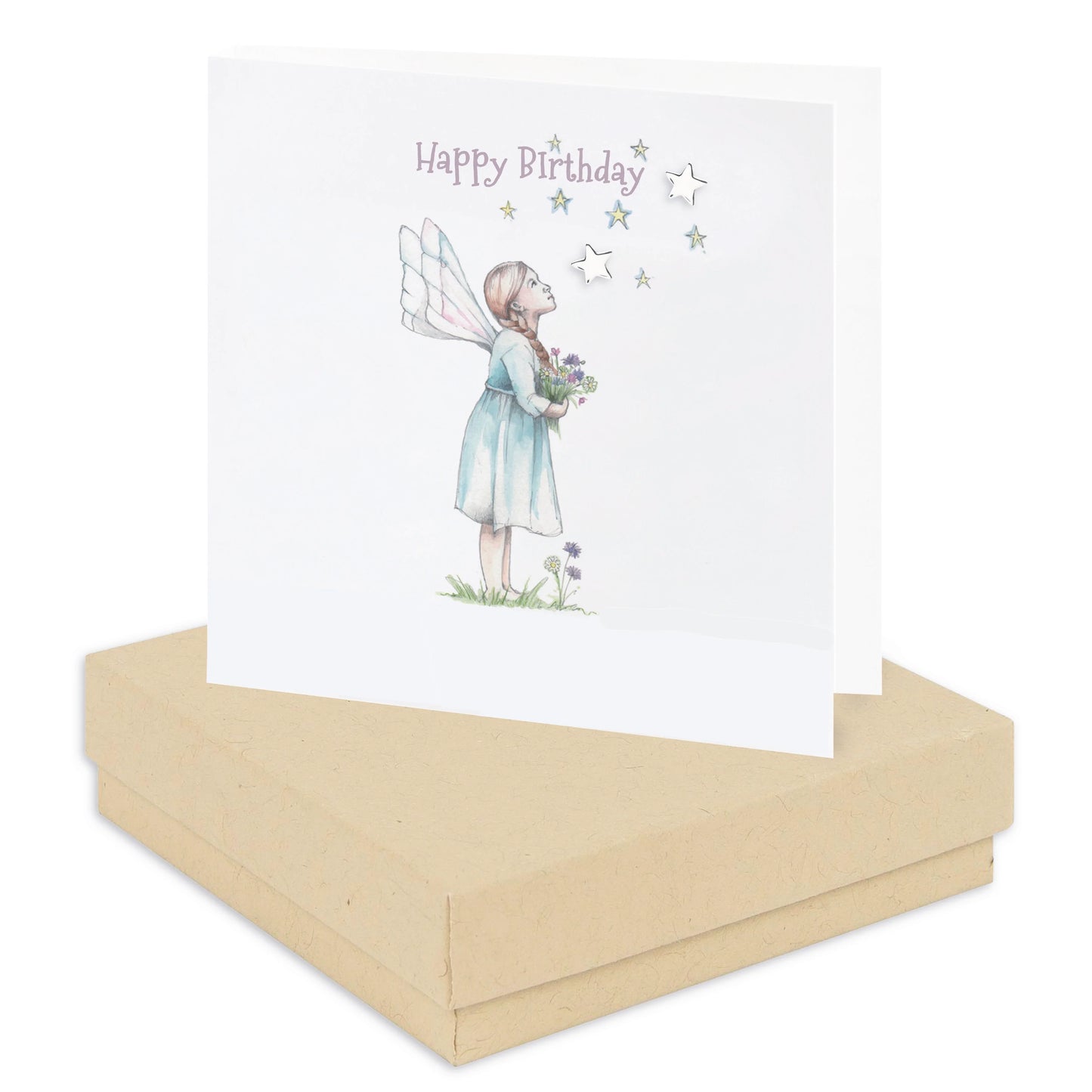 Happy birthday card with watercolor fairy, flowers, and stars on cream gift box