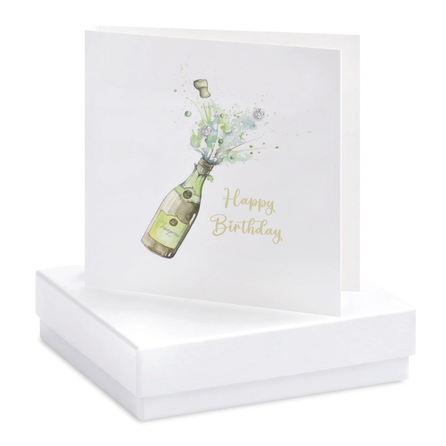 Happy Birthday card with champagne bottle illustration on white gift box