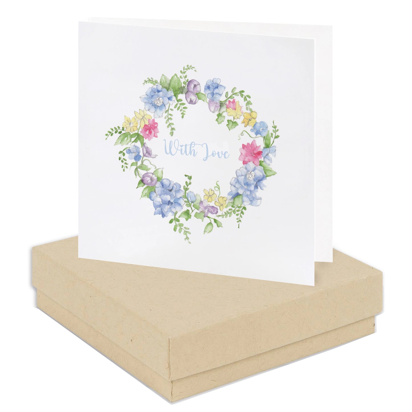 Floral wreath greeting card with 'With Love' text, displayed on a kraft gift box