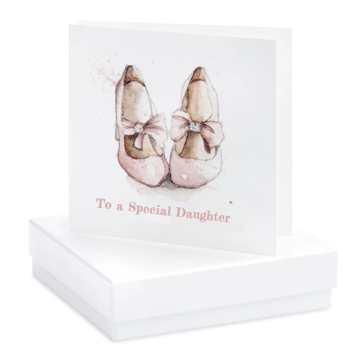 Handcrafted card with pink ballet shoes and 'To a Special Daughter' text, on white box