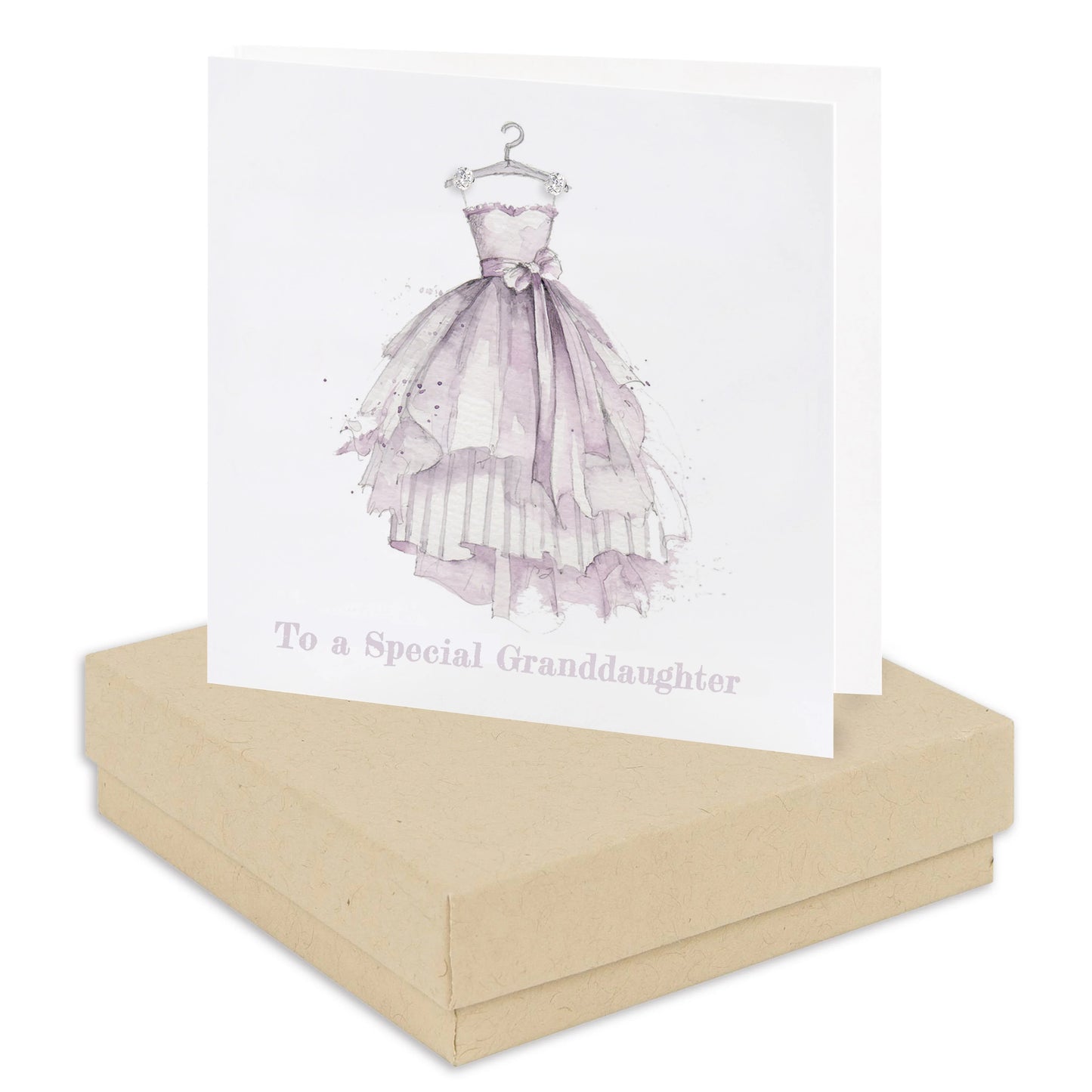Special granddaughter greeting card with a purple dress illustration on a gift box