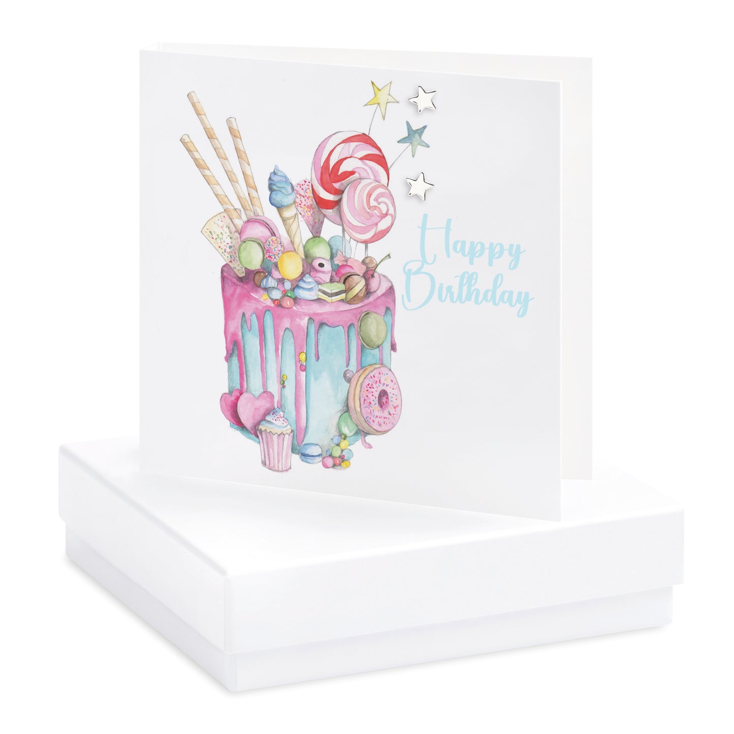 Tarjeta con aretes y pastel de cumpleaños verdaderamente delicioso en caja
