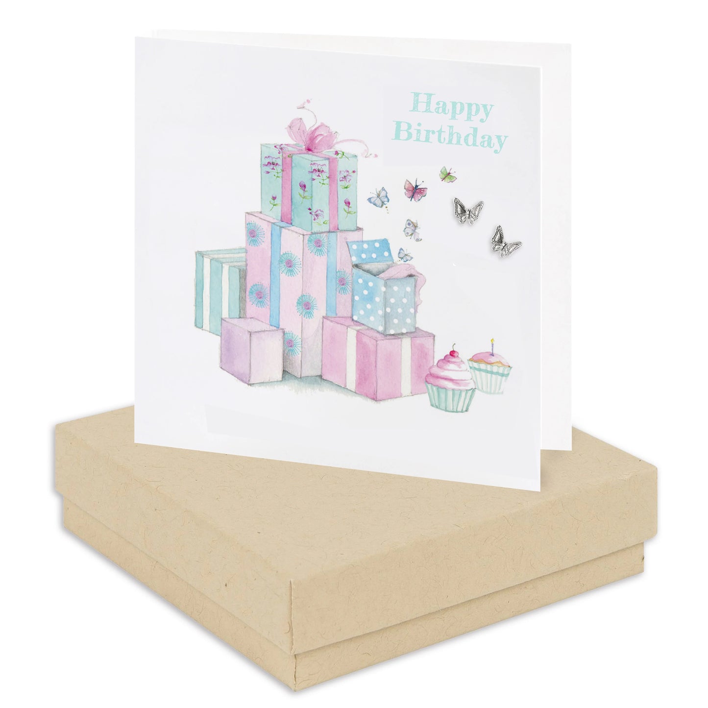 Birthday card with pastel gift boxes, cupcakes, butterfly earrings and Happy Birthday text on a gift box.