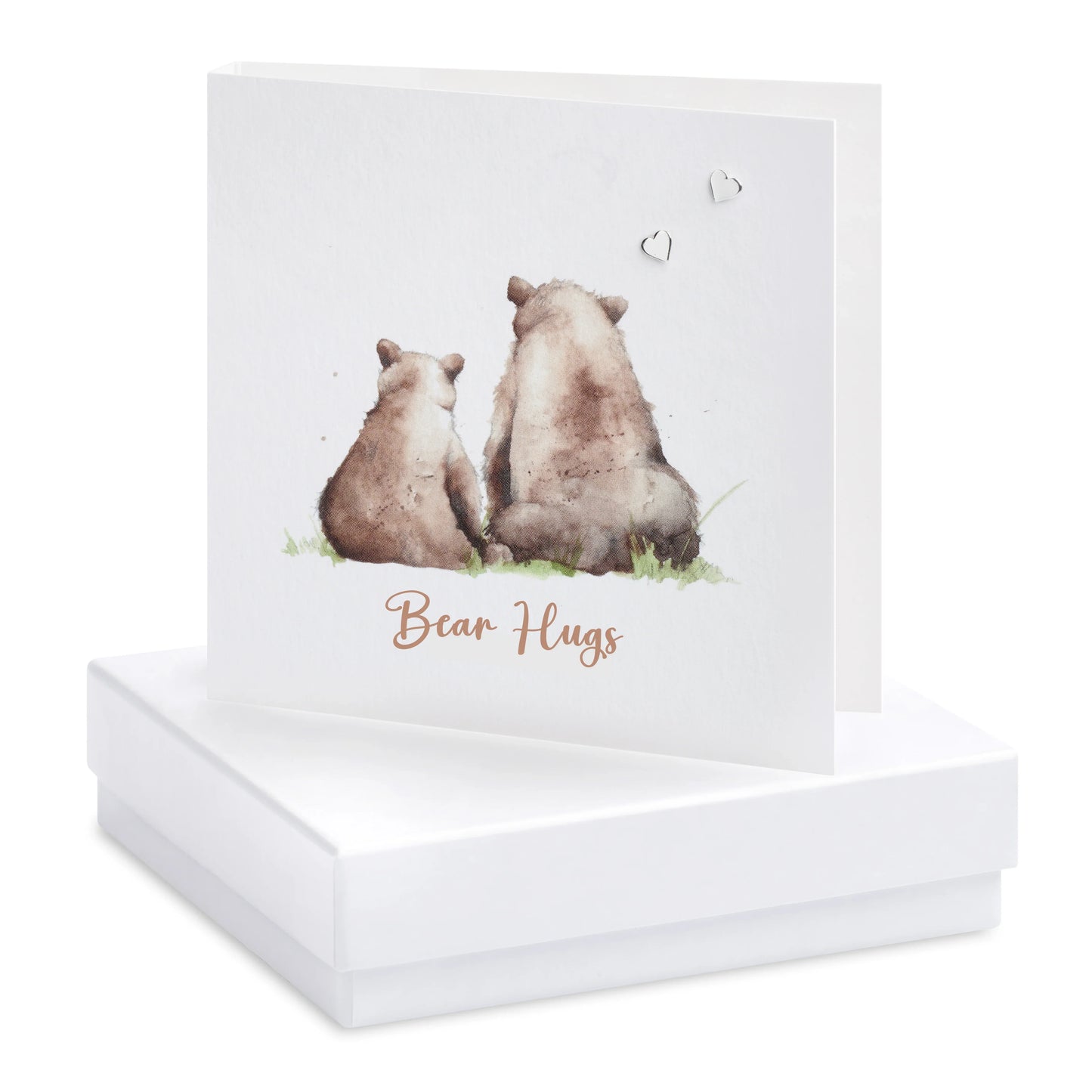 Greeting card with watercolor bears, Bear Hugs text, gift box, and silver heart charms