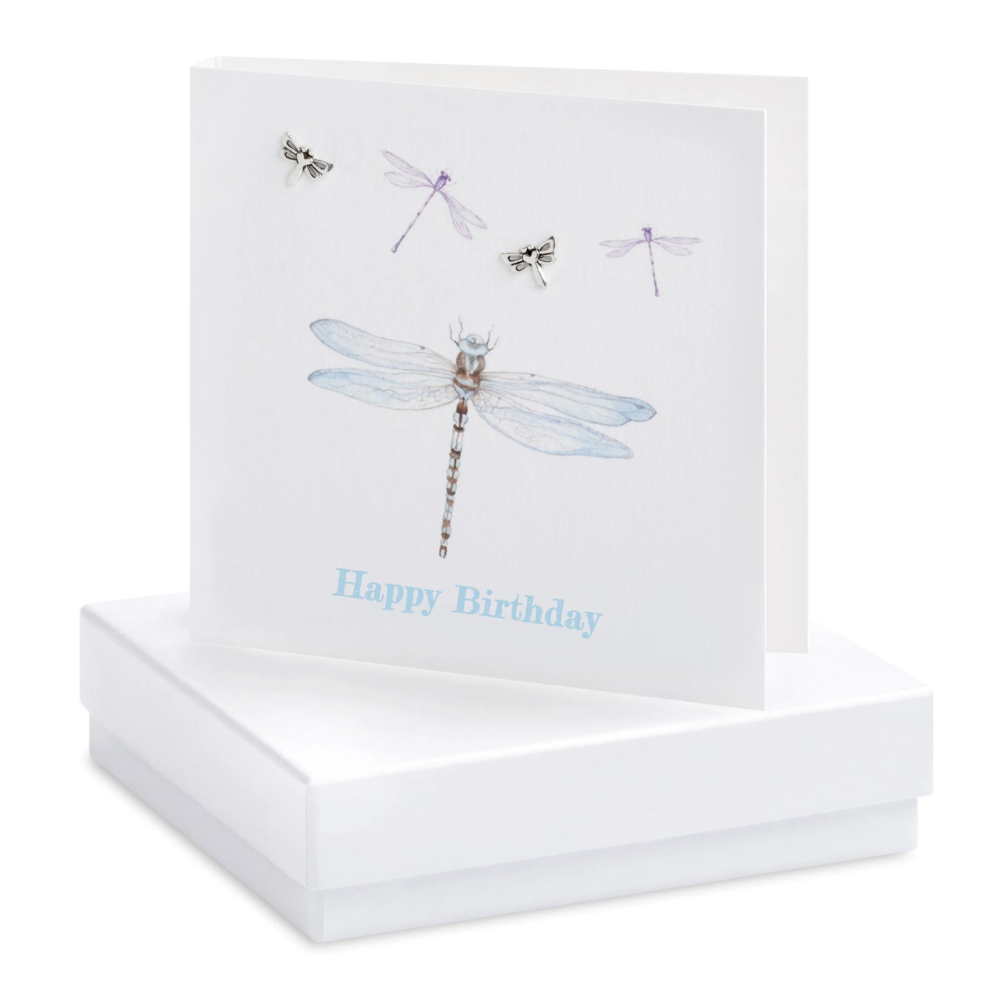 Handcrafted happy birthday card with dragonfly illustration and silver dragonfly charms on white box