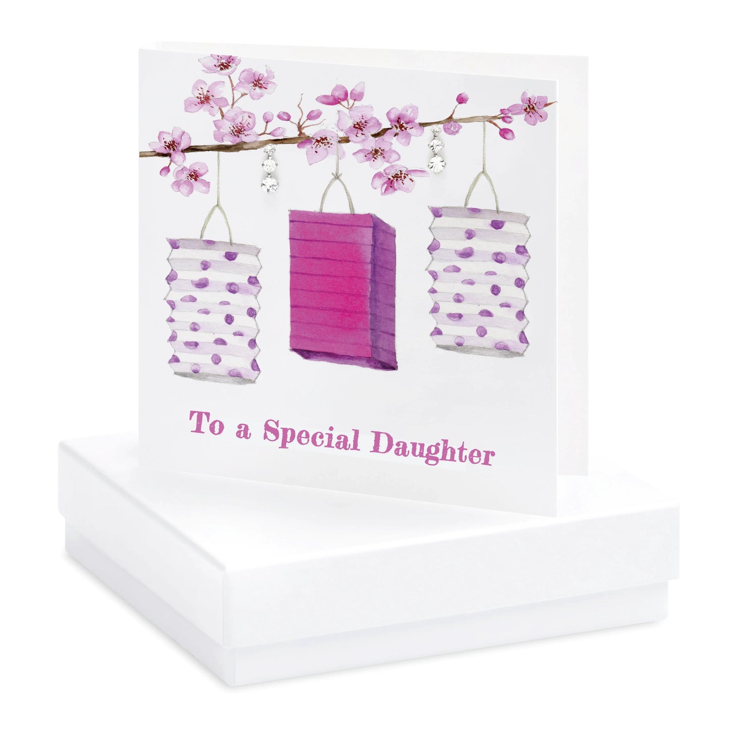 Greeting card with pink lanterns and blossoms, text reads 'To a Special Daughter'