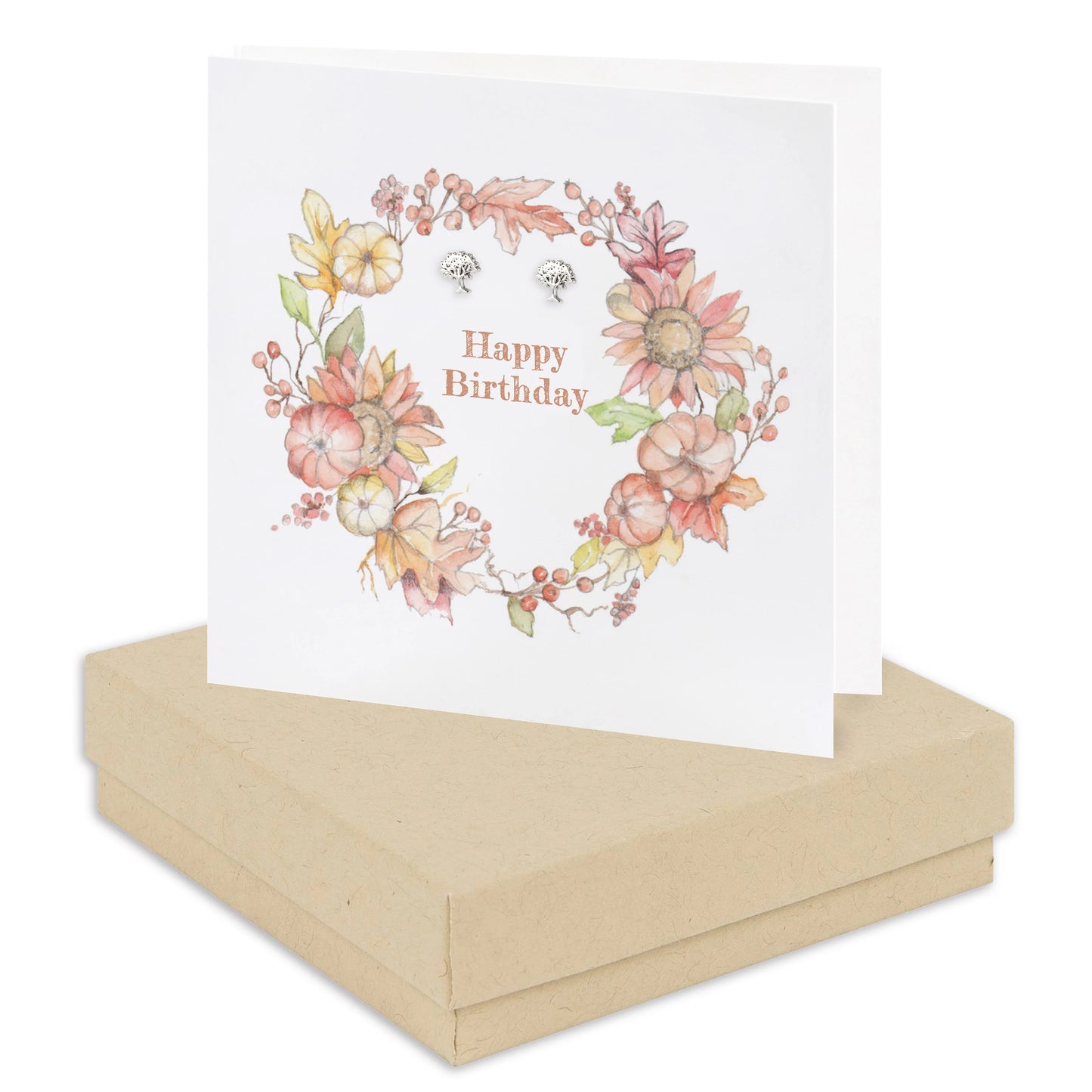 Autumn wreath Happy Birthday card with floral design and stud earrings in a kraft gift box