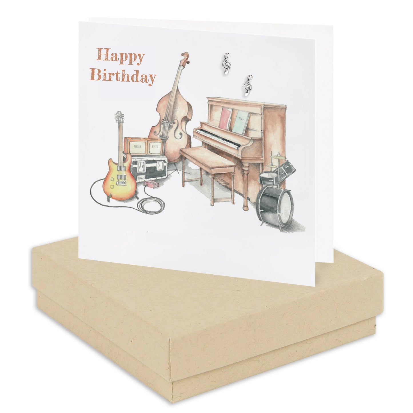 Happy Birthday card with musical instruments illustration on a kraft gift box