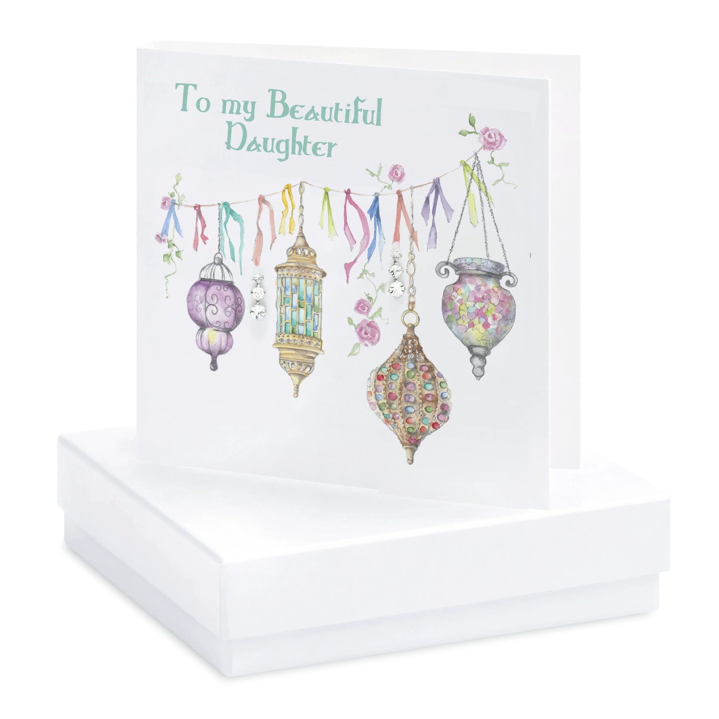 Handcrafted card with 'To my Beautiful Daughter' and colorful hanging lanterns