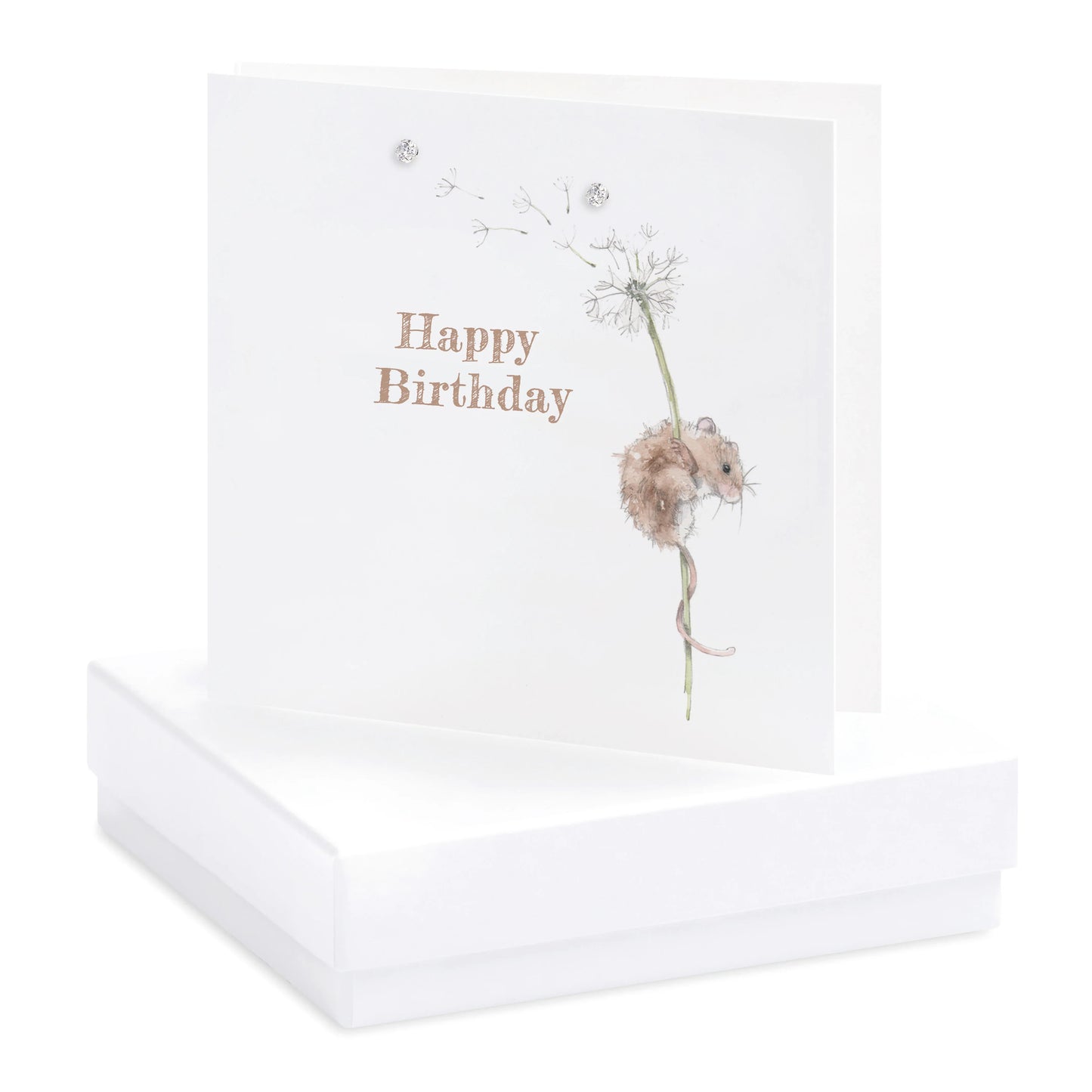 Handcrafted Happy Birthday card with illustrated mouse on stem, presented in a white gift box