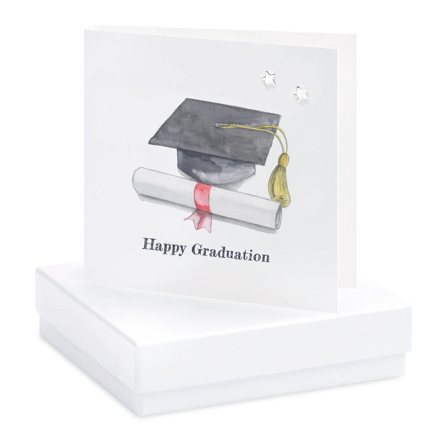 Graduation greeting card with cap, diploma illustration, star studs, and 'Happy Graduation' text