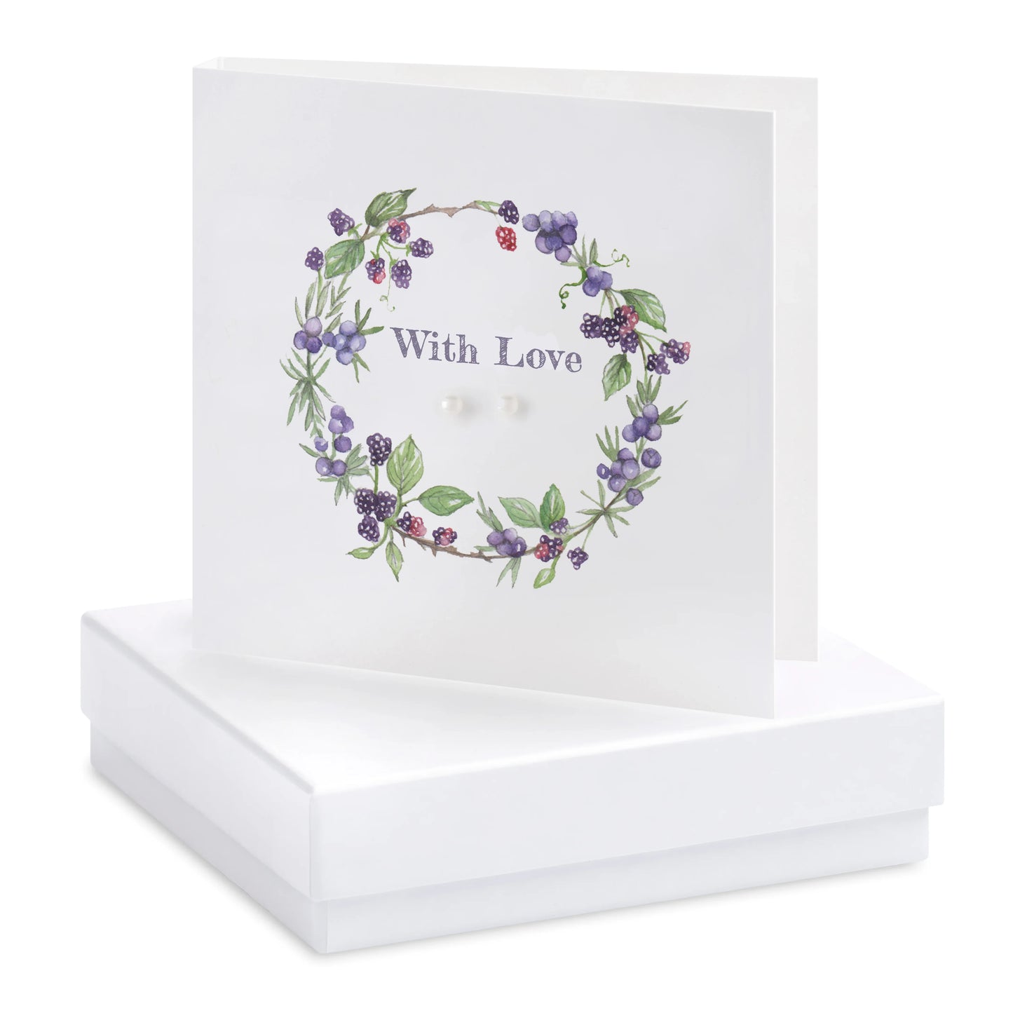 With Love greeting card with floral wreath design and pearl earrings in gift box