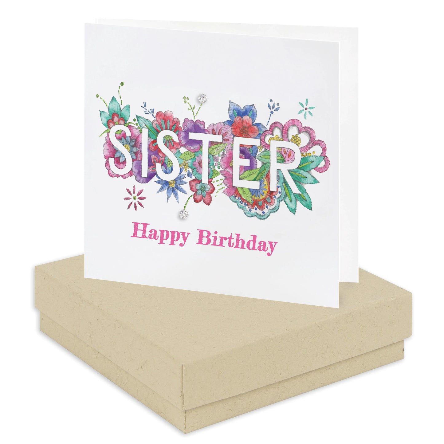 Floral Happy Birthday Sister card with watercolor flowers, boxed on a kraft gift box.