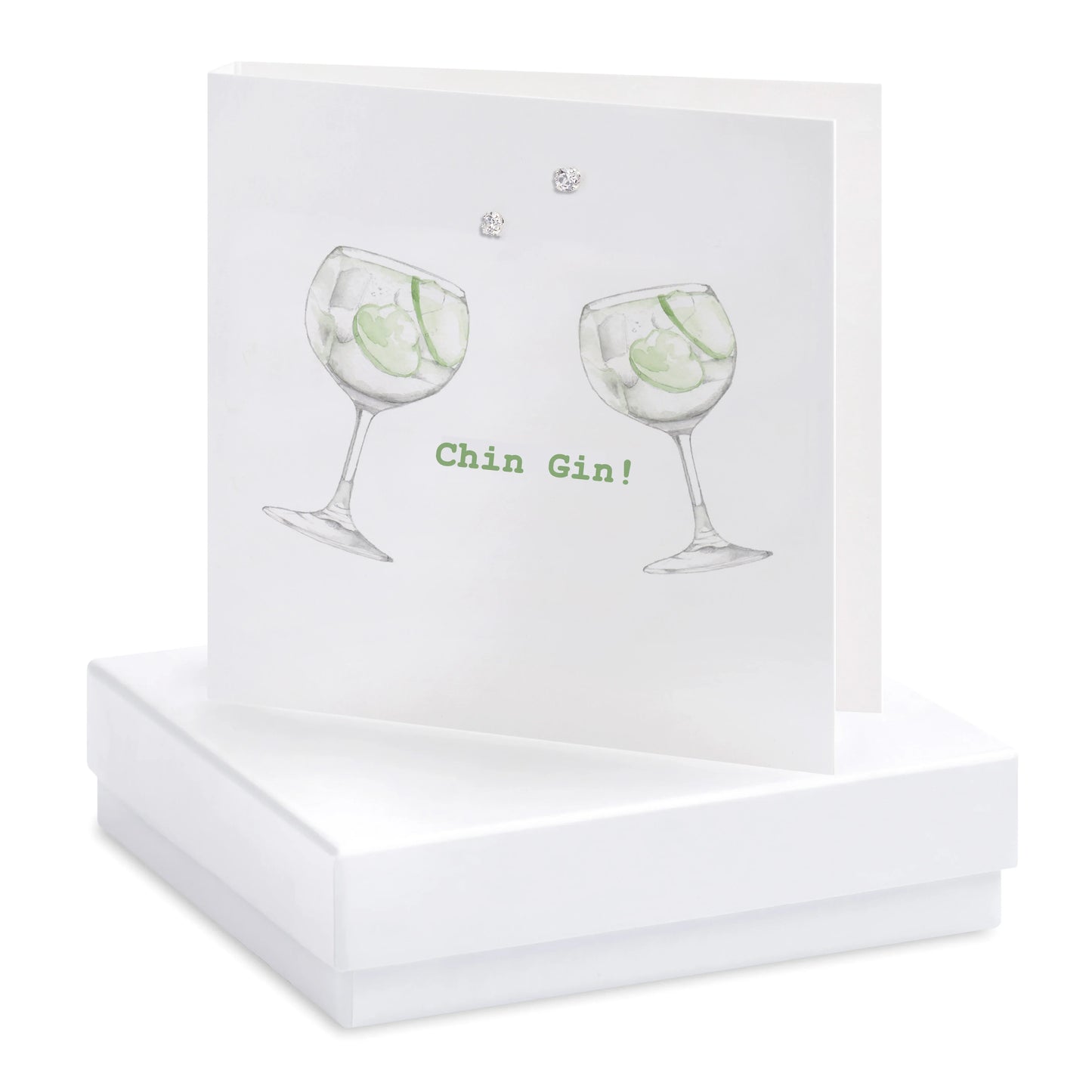 Boxed greeting card with two illustrated gin glasses, lime slices, and 'Chin Gin!' text