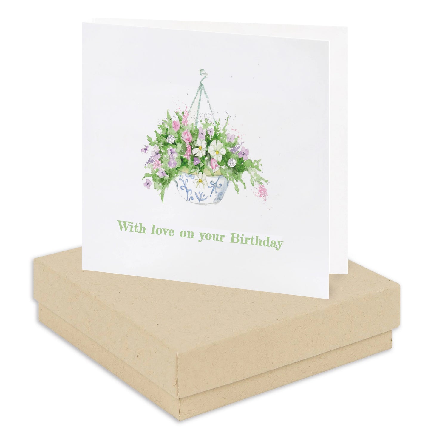 Floral hanging basket birthday card with pastel flowers, boxed and labeled 'With love on your Birthday'.