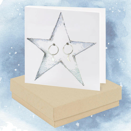 Sterling Silver Hoop Earrings with Moon and Star Design - Gift Box and Card Included - Crumble and Core