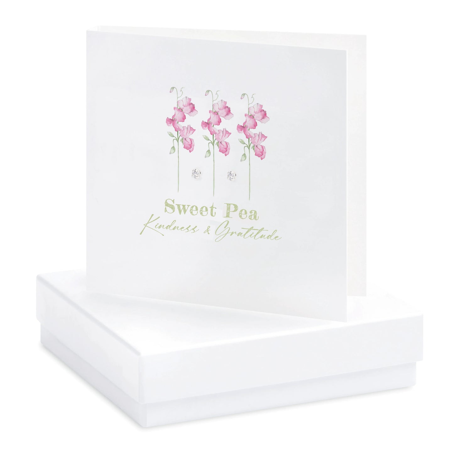Boxed greeting card with pink sweet pea flowers, crystal stud earrings, kindness and gratitude text