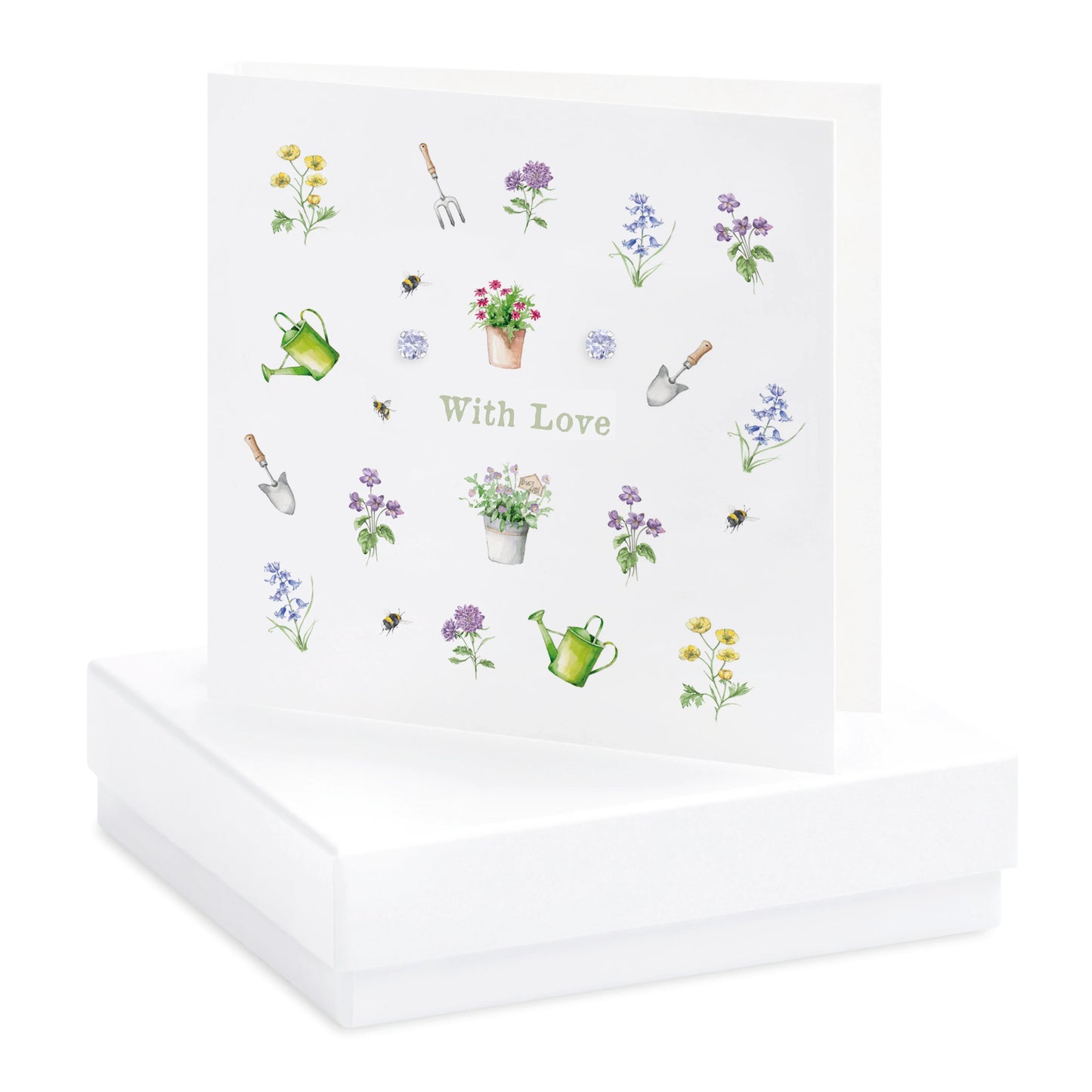 Boxed greeting card with 'With Love' message and watercolor garden flowers, tools, and bees.