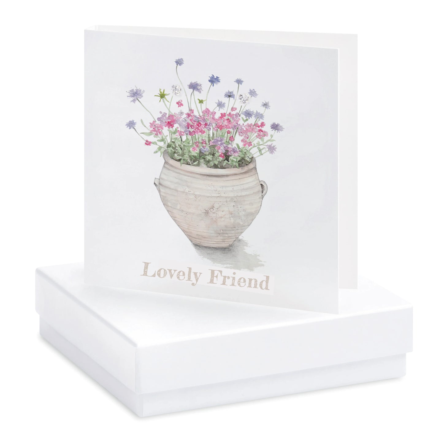 Lovely Friend greeting card with floral pot illustration, presented in a white gift box
