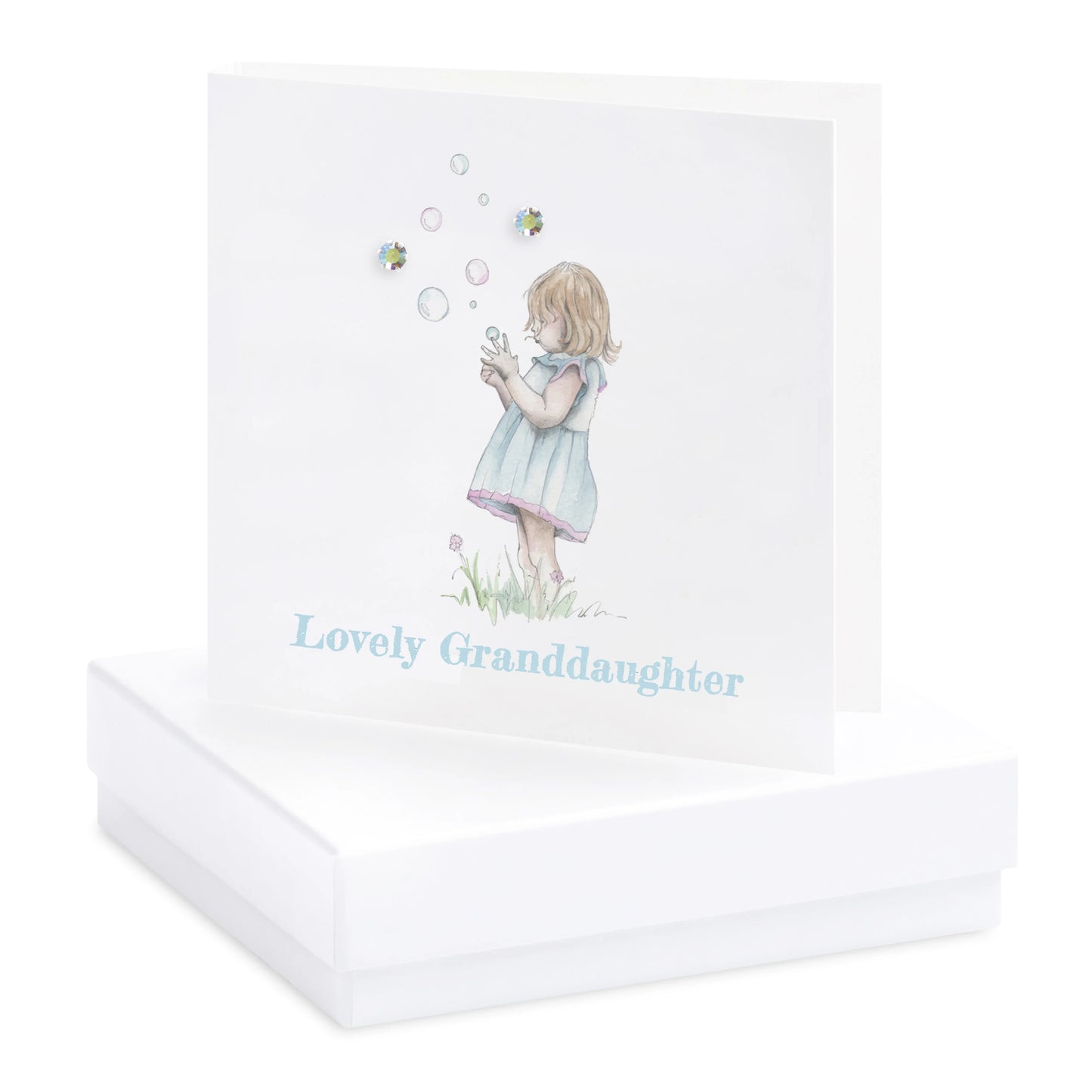 Lovely Granddaughter greeting card with illustration of girl blowing bubbles, gift box underneath