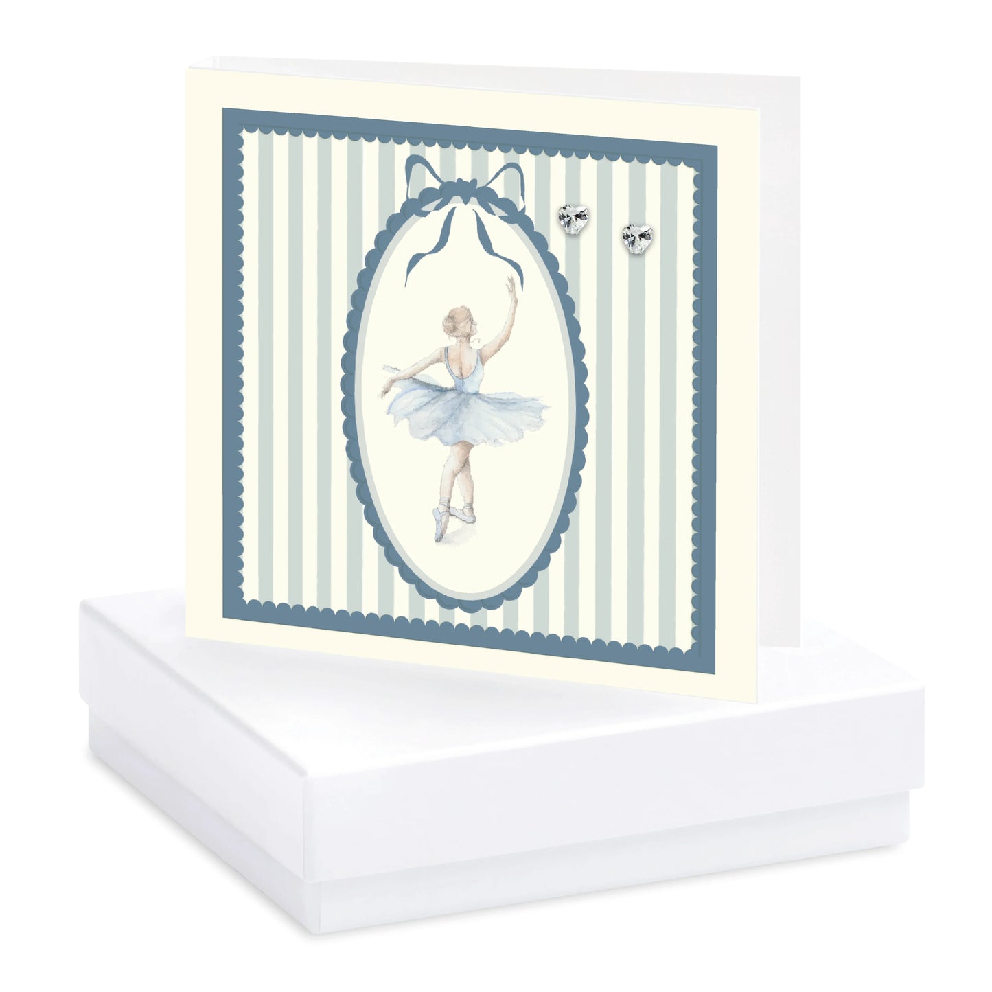 Ballet dancer greeting card with crystal ballet shoe stud earrings, boxed gift set