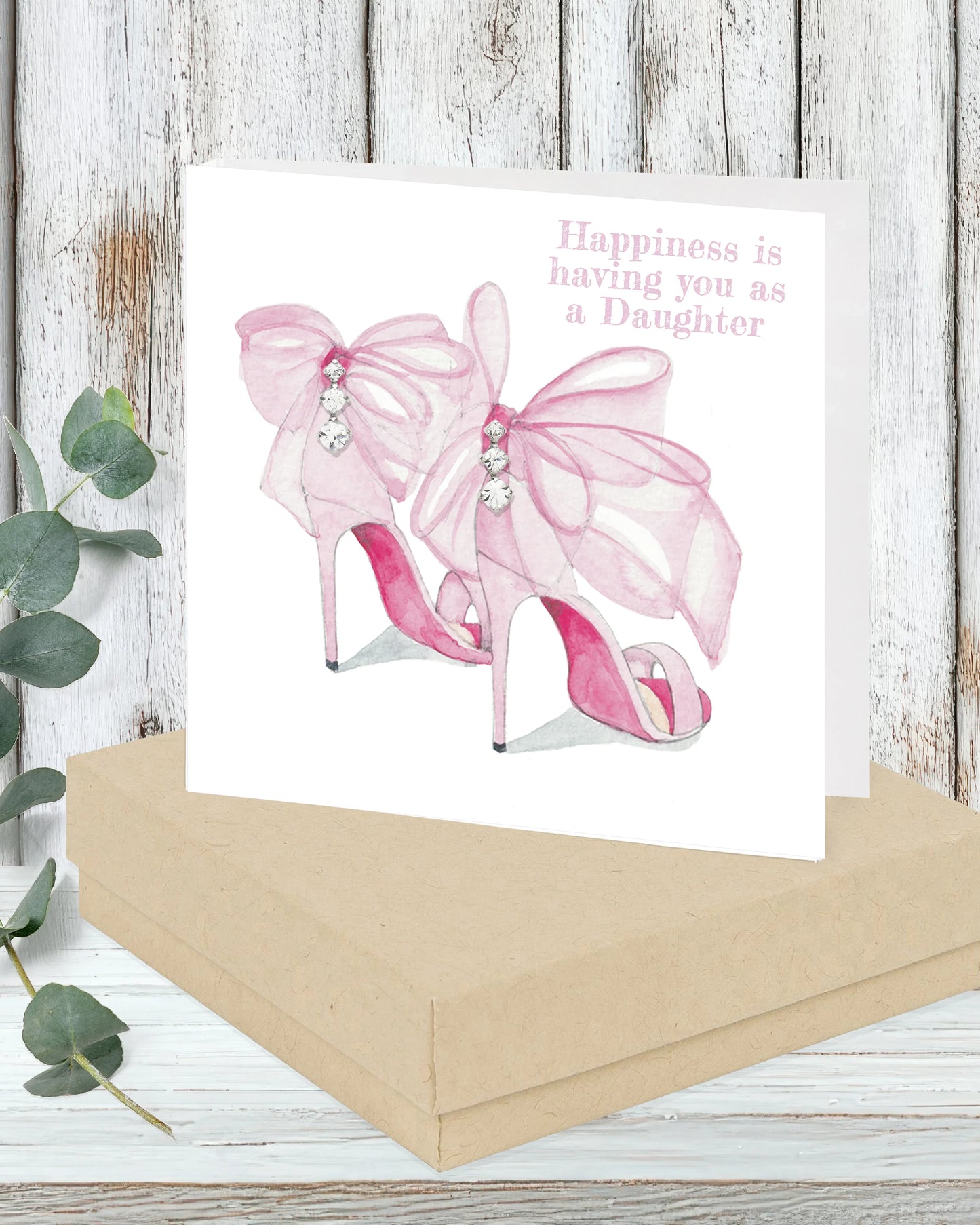 Tarjeta Pendiente Plata En Caja Lazo Rosa Zapatos Hija