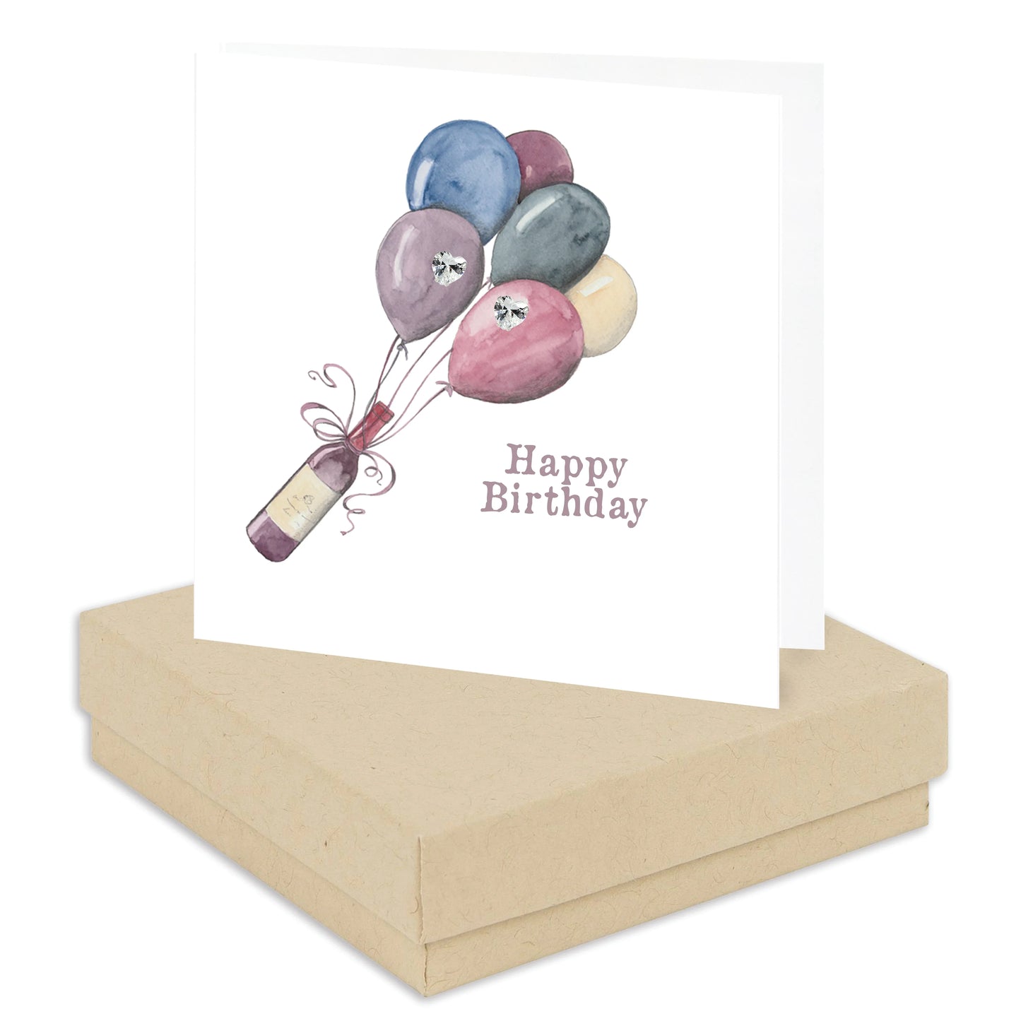 Happy Birthday card with wine bottle and colorful balloons, boxed gift set, handmade design