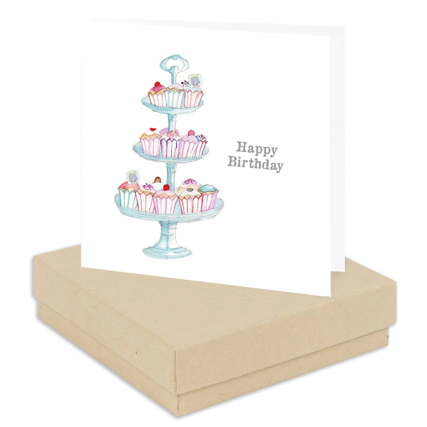 Handcrafted happy birthday card with cupcake stand illustration on gift box