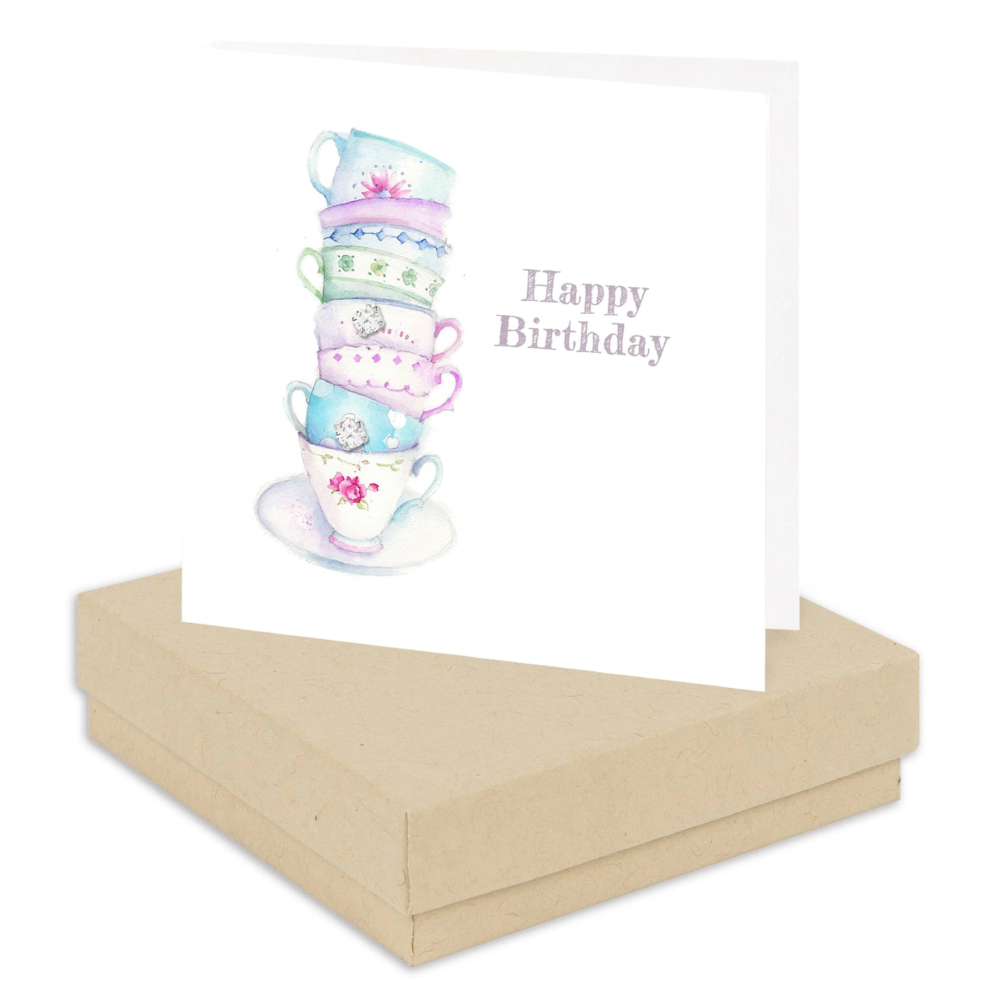 Birthday card with stacked watercolor teacups and Happy Birthday text, on gift box