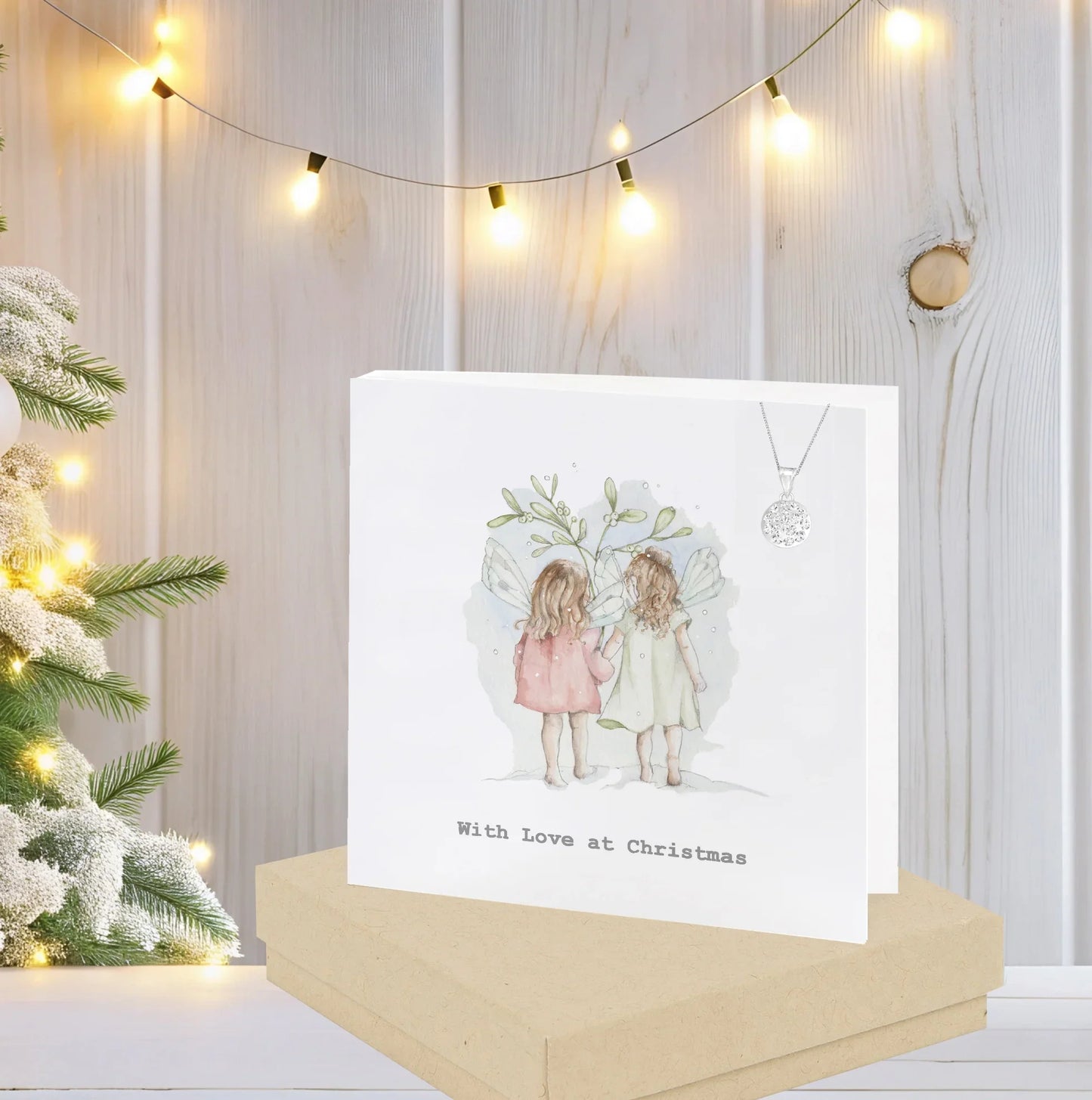 Christmas Sterling Silver Pendant Necklace with Crystals - Festive Gift Set with Gift Box Fairy Greeting Card - Crumble and Core