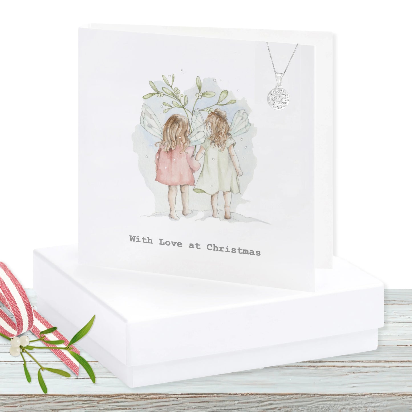 Christmas Sterling Silver Pendant Necklace with Crystals - Festive Gift Set with Gift Box Fairy Greeting Card - Crumble and Core