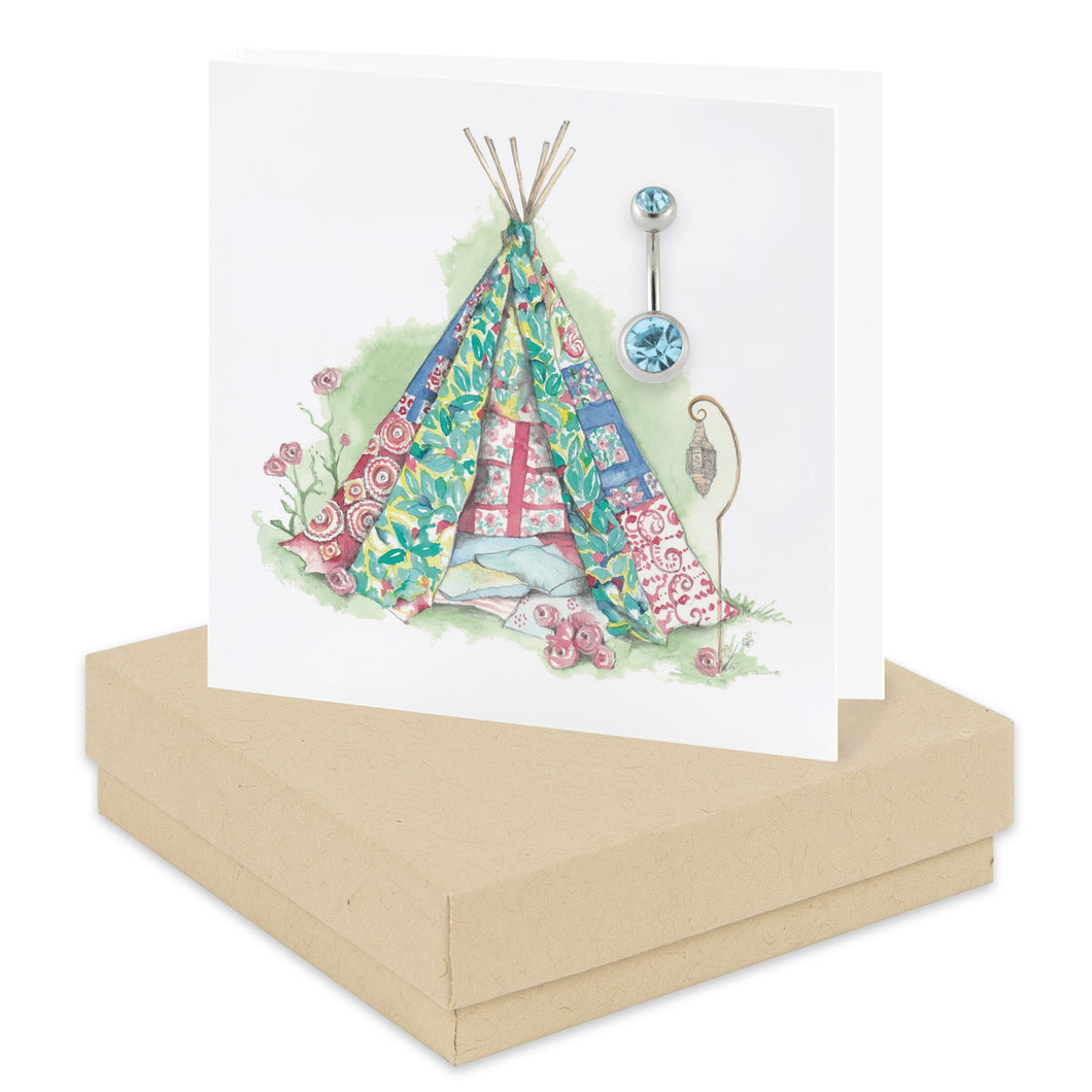Festival Tent Boxed Card with Surgical Steel Aqua Crystal Navel Bar CP004