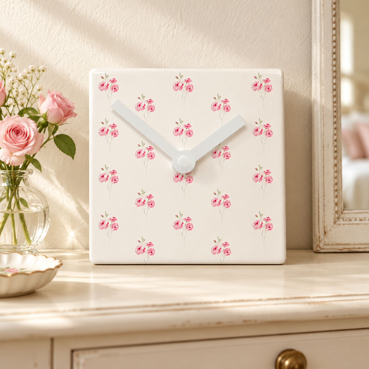 Ceramic Clock Pink Rose Floral Design - Battery Operated Wall Clock