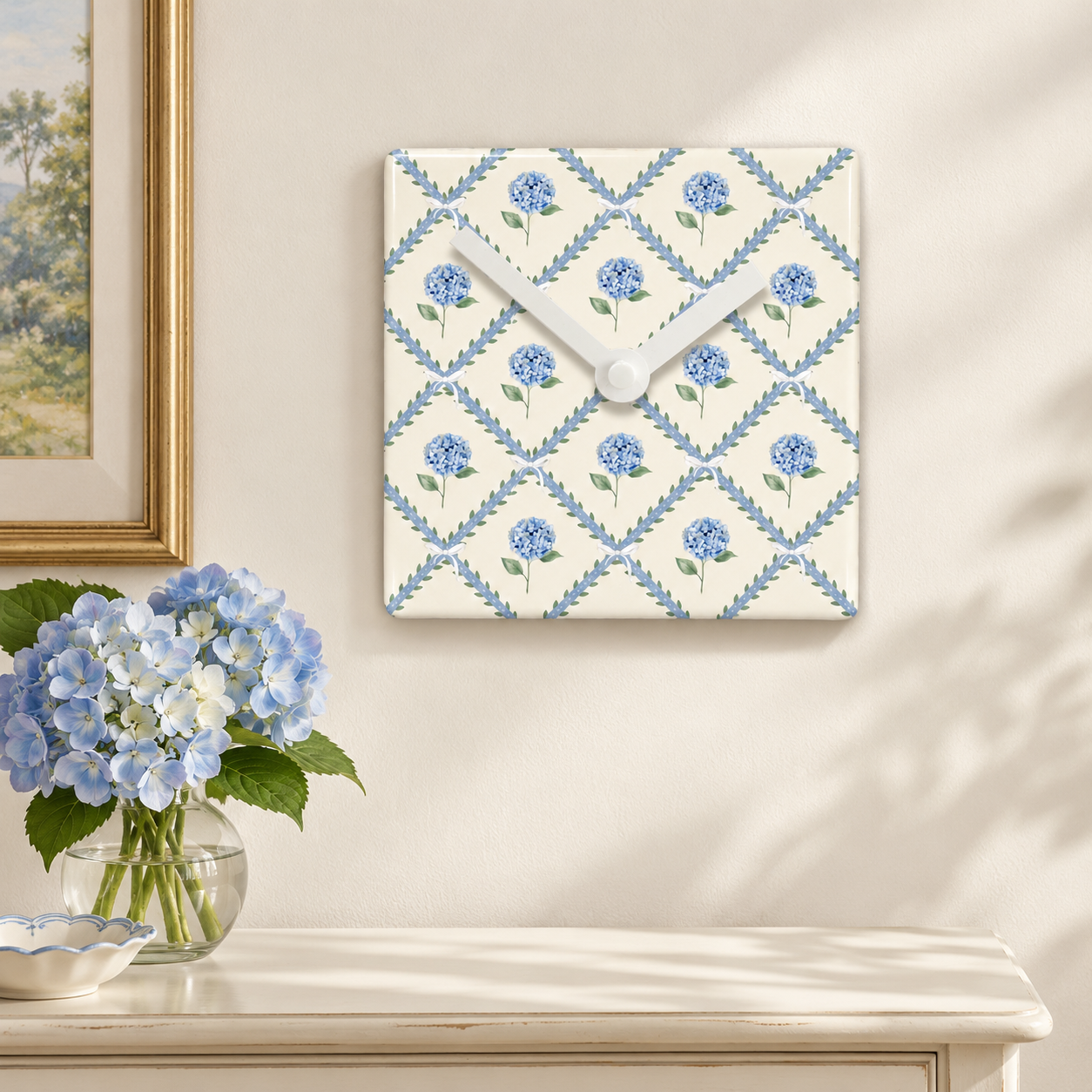 Blue Hydrangea Ceramic Clock - Battery Operated Wall Clock