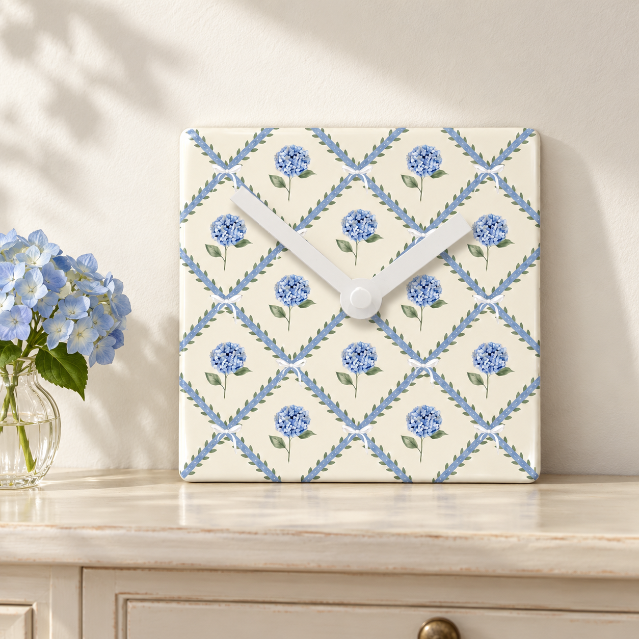 Blue Hydrangea Ceramic Clock - Battery Operated Wall Clock