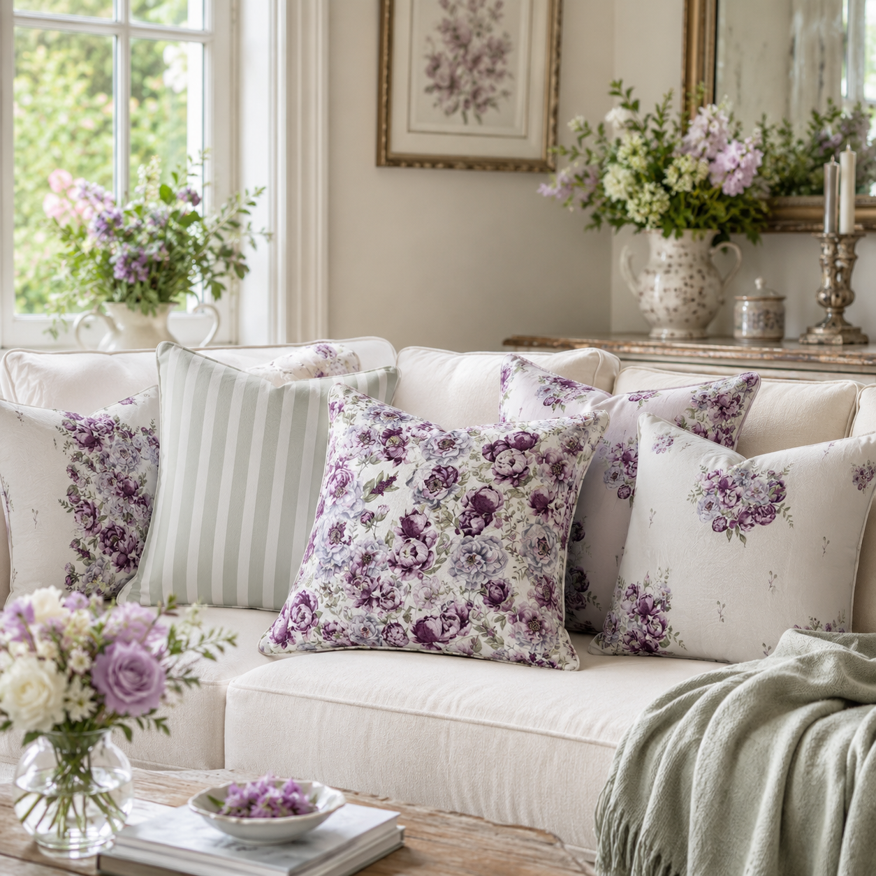 Cushion Cover - Peonies in Plum & Sage Green Stripe - Dual Designer Cushions