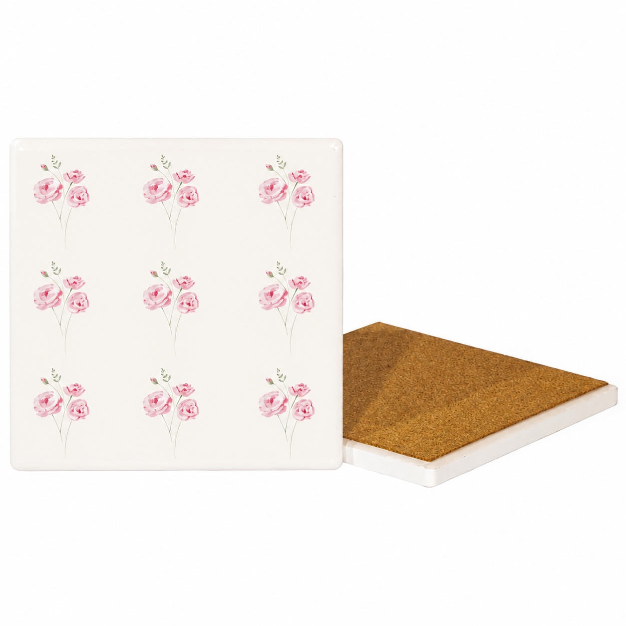 Pink Rose Ceramic Coasters – Ribbon-Tied Set of Four