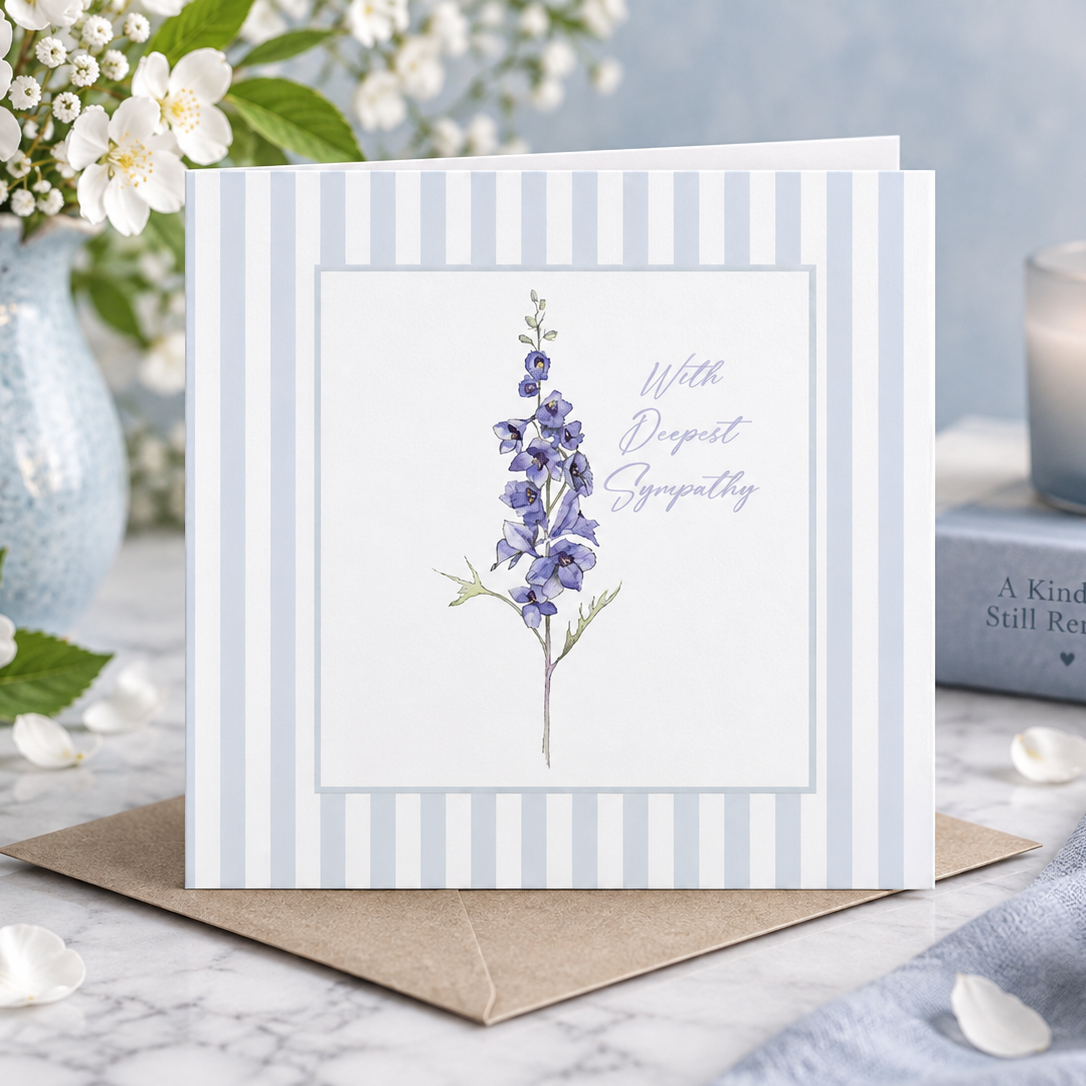 A sympathy greeting card with a light blue and white striped border and a central illustration of a purple flower, displayed on a brown envelope on a marble surface with flowers, a candle, and a book in a styled setting.