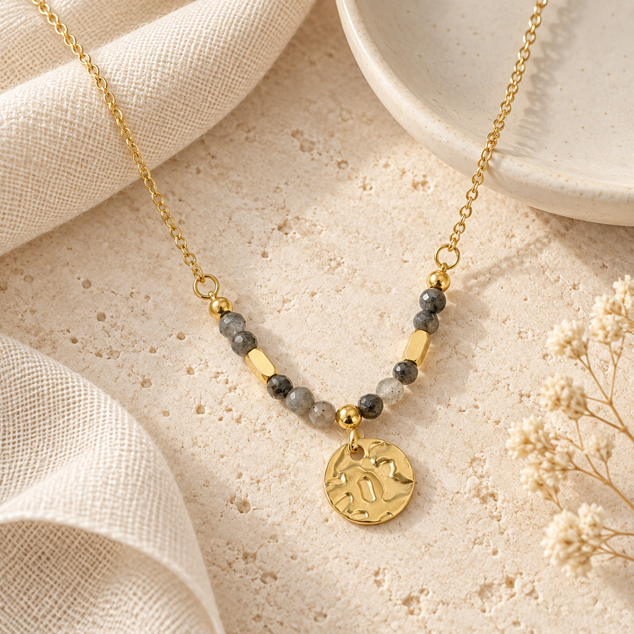 Gold Stone Necklace – Hammered Gold Chain with African Grey Pendant Jewelry