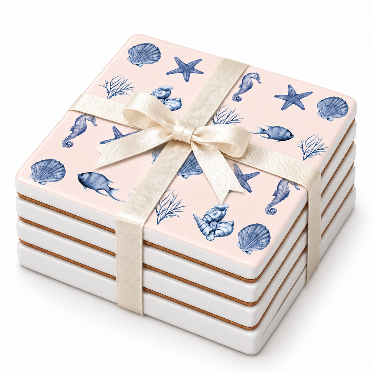 Blue Seaside Ceramic Coasters – Ribbon-Tied Set of Four