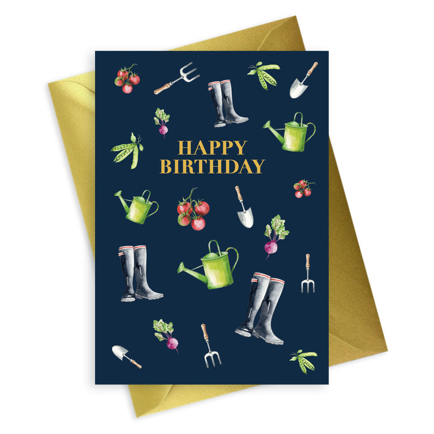 Navy A6 Foiled Greeting Card Garden Happy Birthday Greeting & Note Cards Crumble and Core   