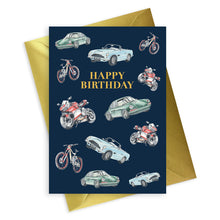 Load image into Gallery viewer, Navy A6 Foiled Greeting Card Cars Happy Birthday Greeting &amp; Note Cards Crumble and Core   

