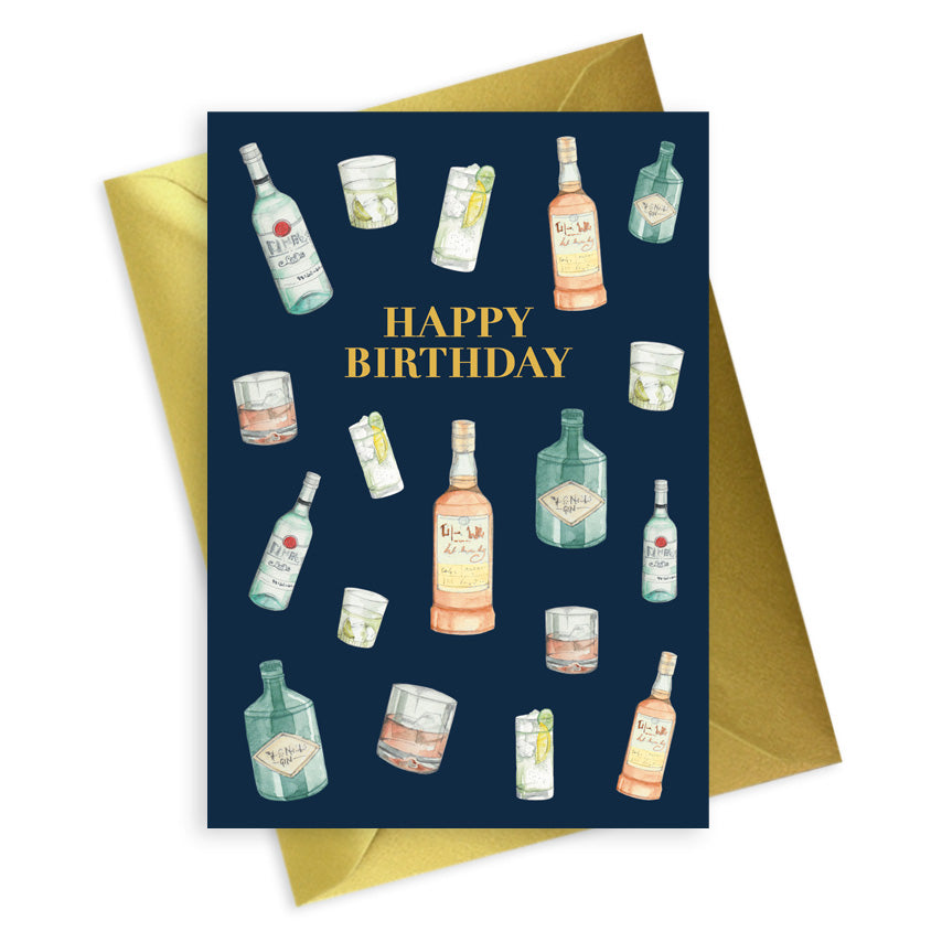 Navy A6 Foiled Greeting Card Drinks Happy Birthday Greeting & Note Cards Crumble and Core   