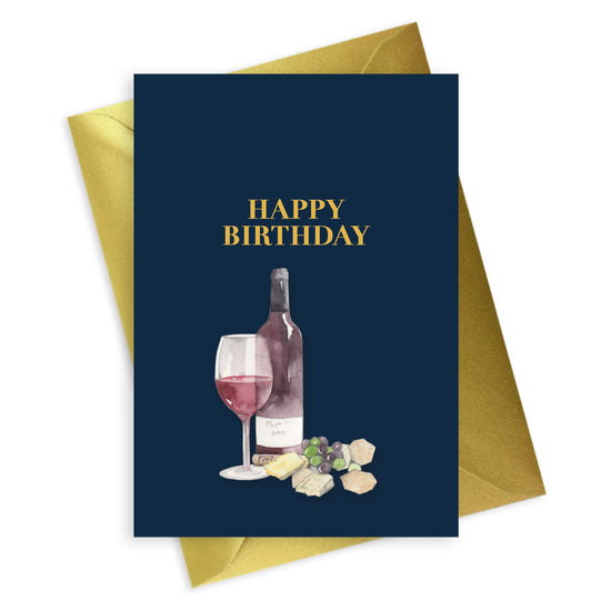 Navy A6 Foiled Greeting Card Cheese and Wine Happy Birthday Greeting & Note Cards Crumble and Core   