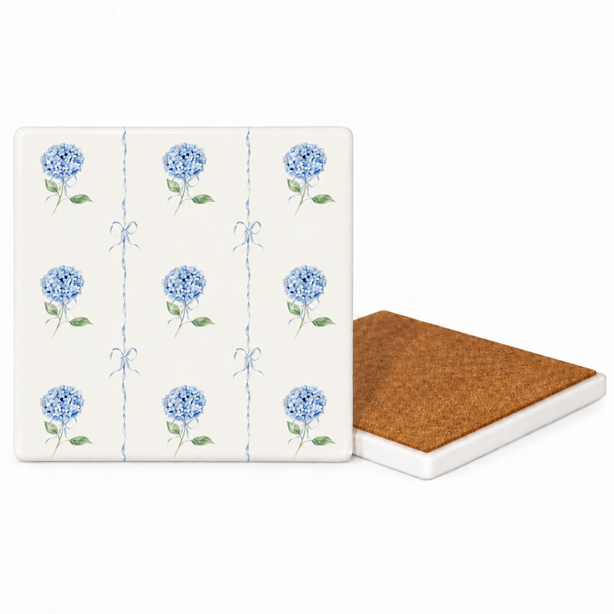 Blue Hydrangea Ceramic Coasters - Ribbon-Tied Set of Four