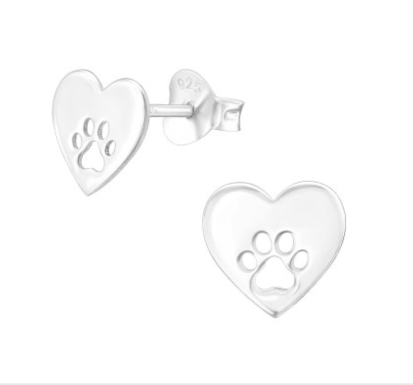 Dog Paw Heart Silver Ear Stud Earrings Crumble and Core   